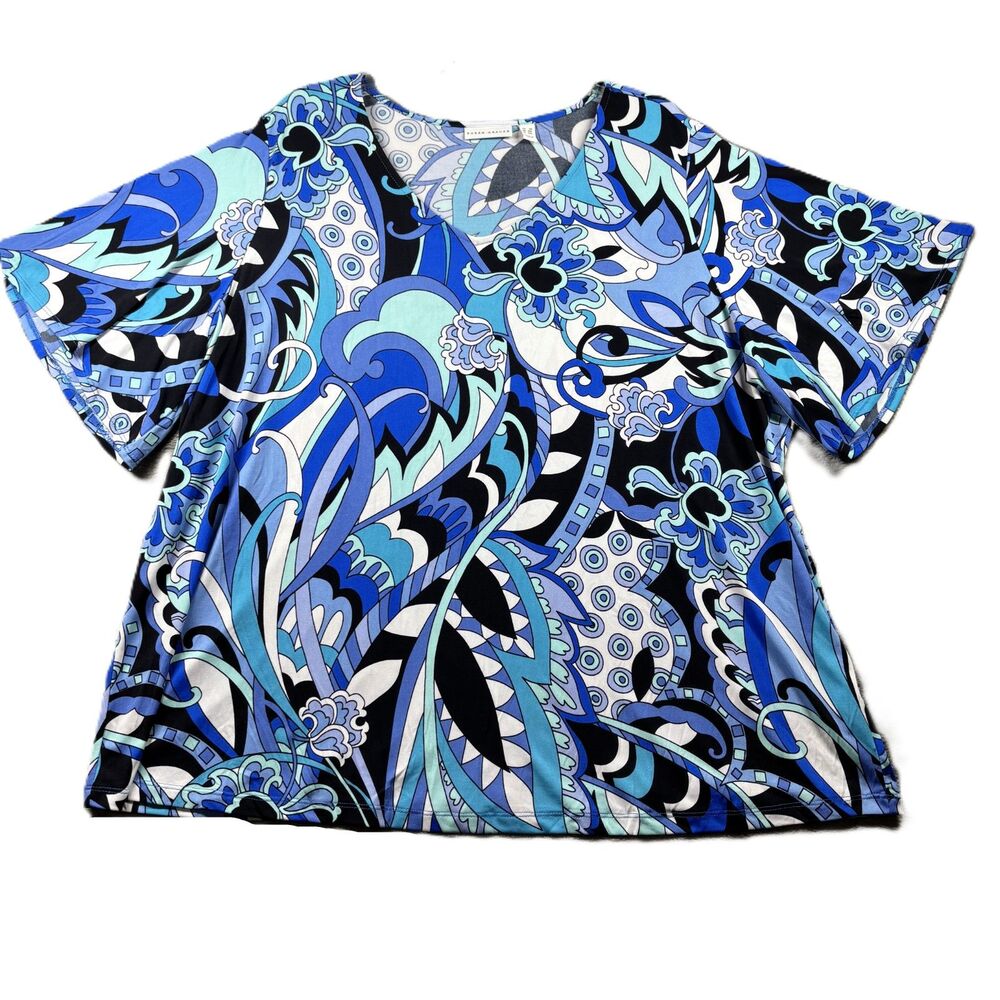 Susan Graver Women Liquid Knit Blouse Top Short Sleeve Print Blue Black 3X Q212